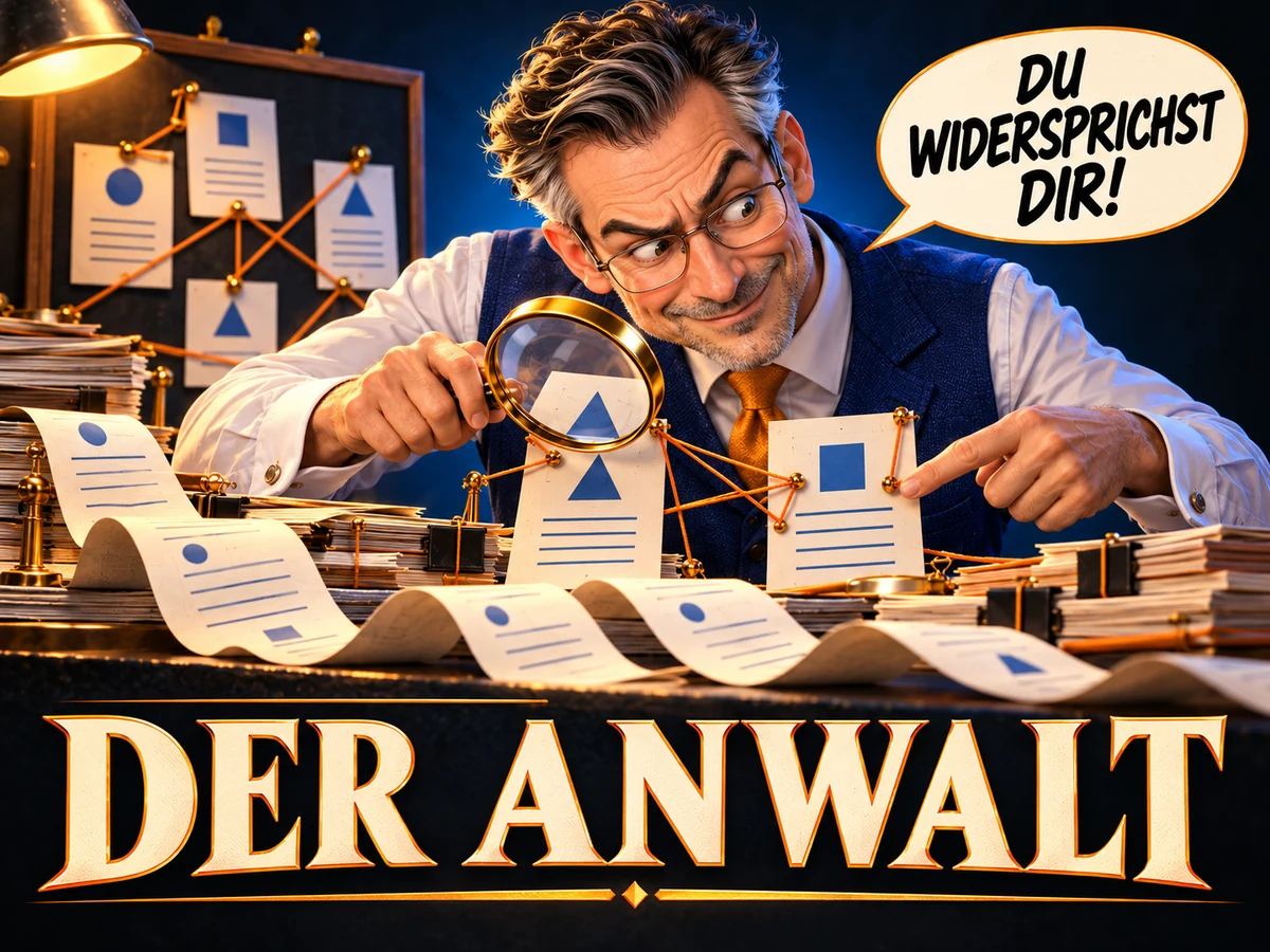 Comic: Der Anwalt sucht mit einer Lupe nach Widersprüchen. Sprechblase: Du widersprichst dir!