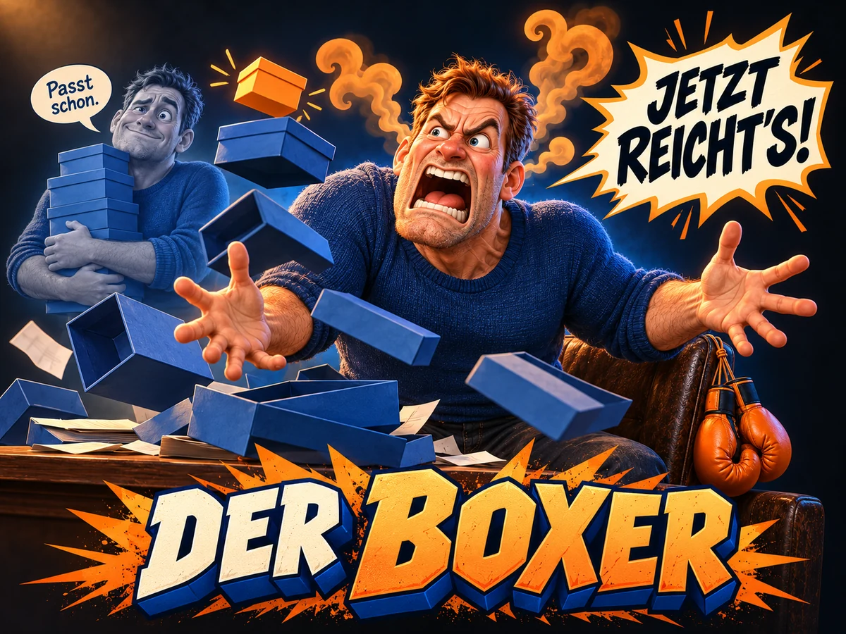 Comic: Der Boxer schluckt Ärger hinunter, bis er platzt. Sprechblasen: Passt schon. Jetzt reicht’s!