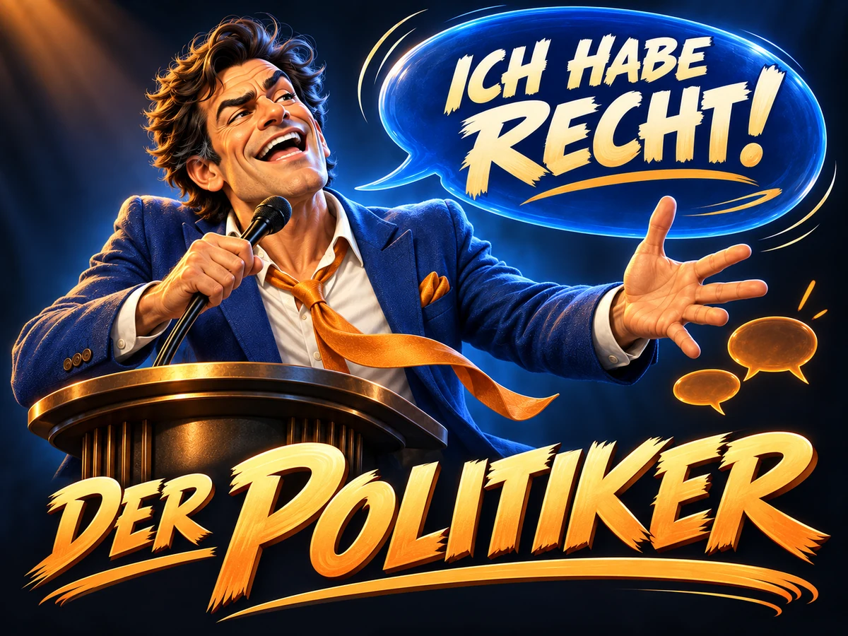 Comic: Der Politiker redet gestenreich über kleine Gegenstimmen hinweg. Sprechblase: Ich habe recht!